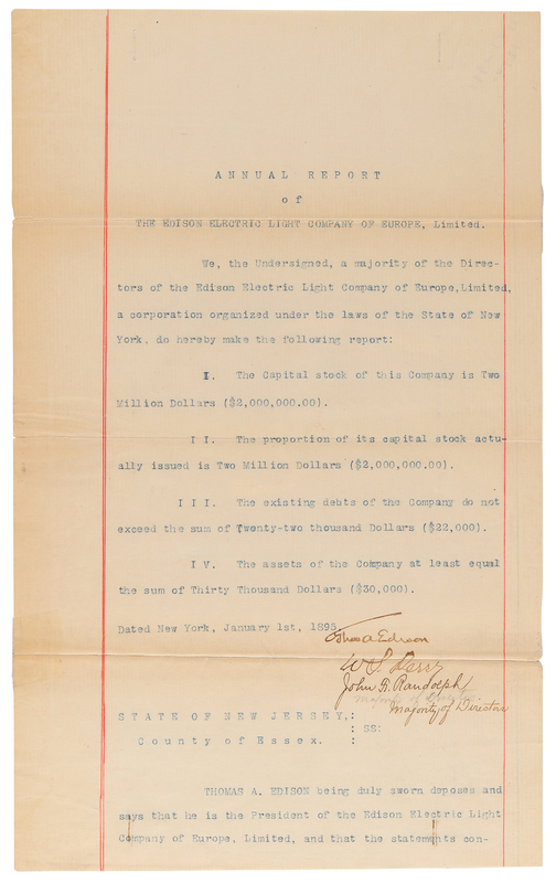 Lot 112 Thomas Edison Document Signed - Annual Report Extract of the Edison Electric Light Company of Europe (1895)