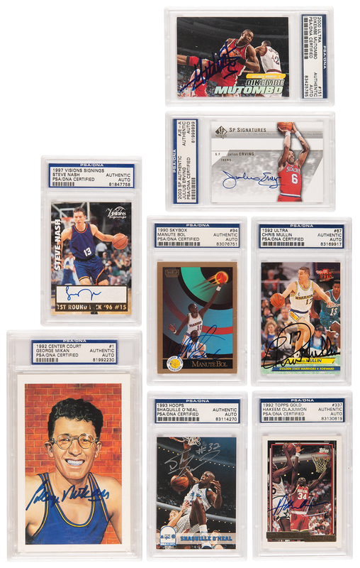 Lot 687 Basketball Legends (8) Signed Cards with O'Neal, Mikan, Mutombo, and Olajuwon