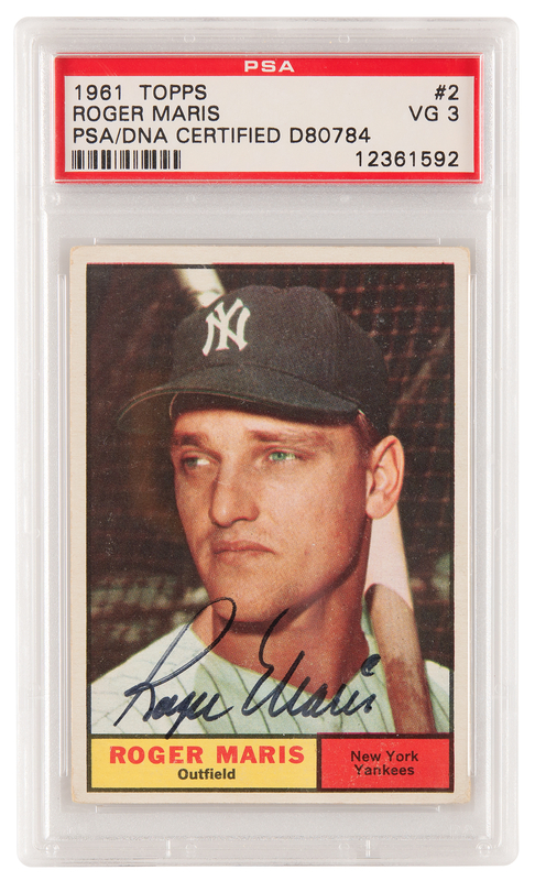 Lot 739 Roger Maris Signed Baseball Card - 1961 Topps #2 - PSA VG 3