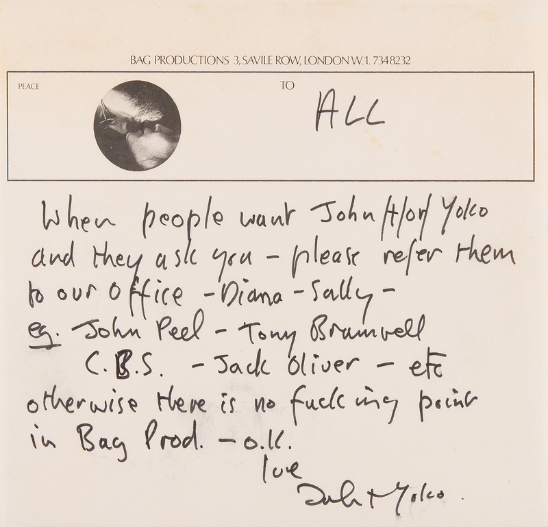 Lot 385 Beatles: John Lennon Autograph Letter Signed to His Bag Productions Staff, Insisting on Following Company Protocol - “Otherwise there is no fucking point in Bag Prod.”