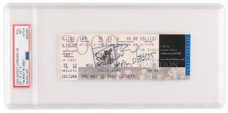 Lot 642 Tom Brady Signed NFL Debut Ticket (Patriots at Lions, 11/23/2000) - PSA FULL NM 7/AUTO 9