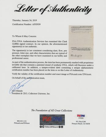Lot #711 Clark Griffith Signed Contract - Image 3