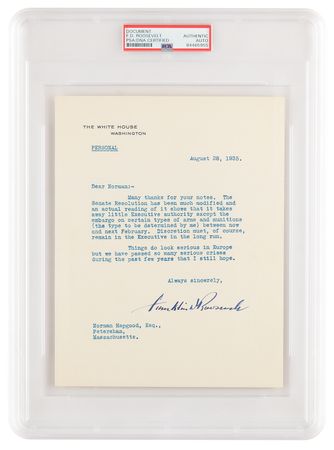 Lot #15 Franklin D. Roosevelt Typed Letter Signed as President, Three Days Before the 1935 Neutrality Act: 