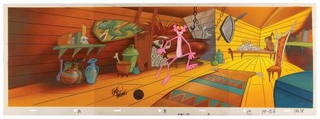 Lot #330 Friz Freleng signed production cel with pan master background for the Pink Panther television show - Image 1