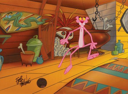 Lot #330 Friz Freleng signed production cel with pan master background for the Pink Panther television show - Image 3