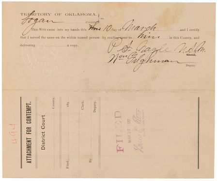 Lot #138 Bill Tilghman Signed 'Oklahoma Territory' Document (1897) - Image 1