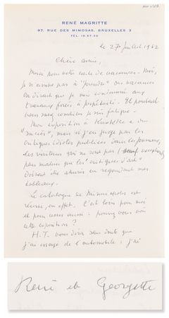 Lot #291 Rene Magritte Autograph Letter Signed with Surrealist Sketch: 