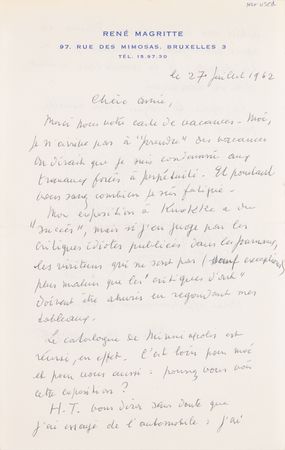 Lot #291 Rene Magritte Autograph Letter Signed with Surrealist Sketch: 
