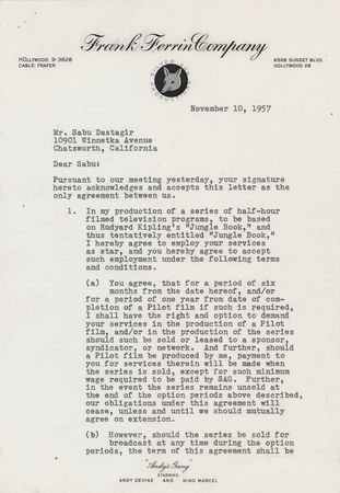 Lot #608 Sabu Document Signed for a 'Jungle Book' TV Series - Image 2