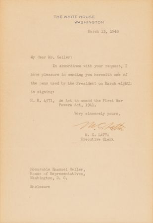 Lot #17 Harry S. Truman Bill Signing Pen - 'An Act to Amend the First War Powers Act, 1941' - Image 3