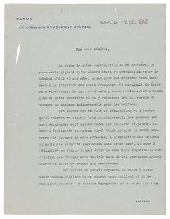 Lot #250 George S. Patton's World War II-Dated North Africa Campaign Neutrality Zone Map, Sent by Moroccan Resident-General Charles Noguès (1942) - Image 6