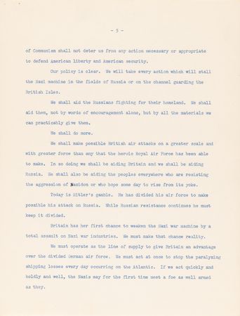 Lot #16 Franklin D. Roosevelt: Typescript Draft of an Undelivered Message to Congress on Nazi Aggression Against Russia - Image 7