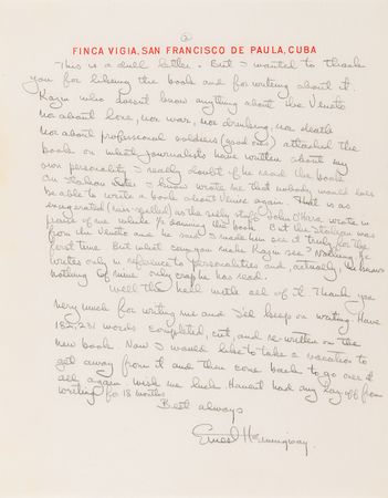 Lot #334 Ernest Hemingway Autograph Letter Signed on His Critics, the Toil of Writing, and His Progress “on the new book,” The Old Man and the Sea - Image 3