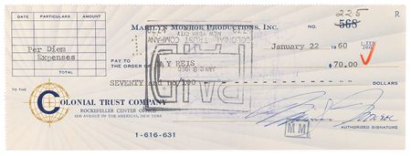 Lot #466 Marilyn Monroe Signed Check to Her Personal Secretary - Image 1