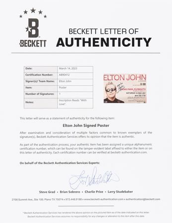 Lot #421 Elton John Signed Poster (15.5˝ x 10.5˝) - Image 3