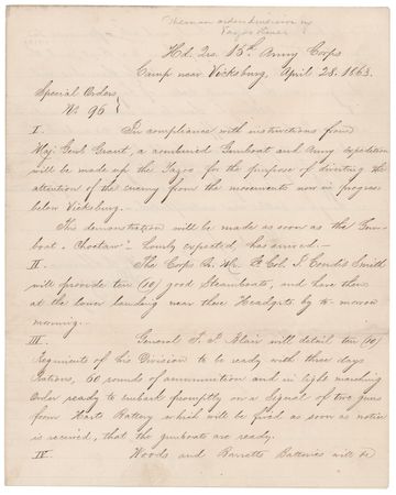 Lot #246 Vicksburg: Special Orders No. 96, Signed by R. M. Sayer (1863) - Organizing a Diversionary 