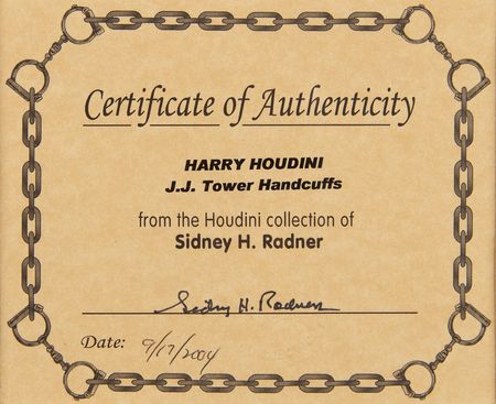 Lot #451 Harry Houdini's Personally Owned J.J. Tower ?Double Lock? Handcuffs - From the Houdini Collection of Sidney Radner - Image 5