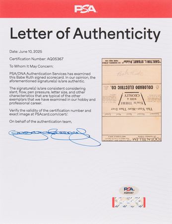 Lot #657 Babe Ruth Signed Scorecard - Colorado Springs, July 4, 1940 - Image 5