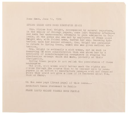 Lot #296 Frank Lloyd Wright Handwritten Statement of Apology to the People of Spring Green, Wisconsin (June 1926) - Image 5