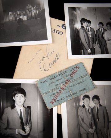 Lot #377 Beatles: John Lennon Signature, Candid Photographs, and Ticket Stub to Their 1964 Ed Sullivan Show Rehearsal at the Deauville Hotel - Image 1