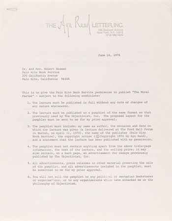 Lot #336 Ayn Rand Document Signed - Agreement for the Publication of Her 1976 Lecture 'The Moral Factor' - Image 1