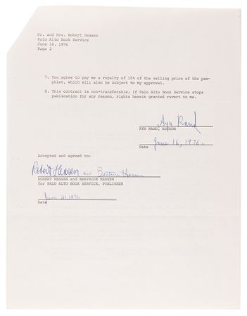 Lot #336 Ayn Rand Document Signed - Agreement for the Publication of Her 1976 Lecture 'The Moral Factor' - Image 2
