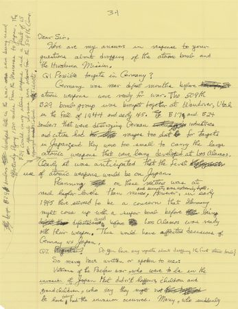 Lot #259 Enola Gay: Morris Jeppson Autograph Letter Signed on the Hiroshima Mission - Image 1