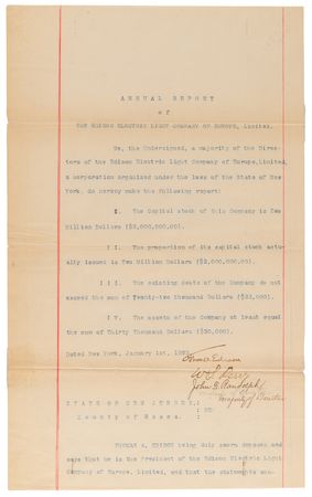 Lot #112 Thomas Edison Document Signed - Annual Report Extract of the Edison Electric Light Company of Europe (1895) - Image 1