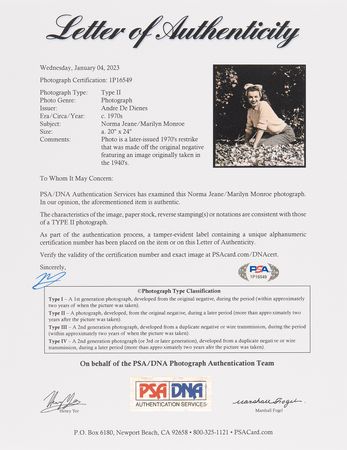 Lot #581 Marilyn Monroe Oversized Original Photograph by Andre de Dienes - PSA Type II - Image 3