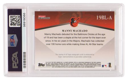 Lot #732 Manny Machado Signed Baseball Card - 2017 Topps On-Demand #19BL-A (PSA MINT 9 / Auto 10) - Image 2