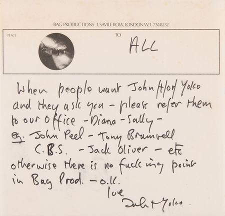 Lot #385 Beatles: John Lennon Autograph Letter Signed to His Bag Productions Staff, Insisting on Following Company Protocol - “Otherwise there is no fucking point in Bag Prod.” - Image 1