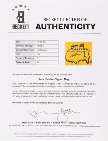 Lot #744 Jack Nicklaus Signed Golf Flag - 2005 Masters - BAS 10 - Image 3