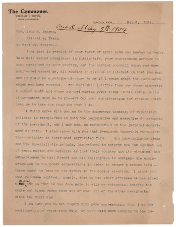 Lot #147 William Jennings Bryan Typed Letter Signed (7 pages) on Theodore Roosevelt and the 1904 Presidential Election - Image 1