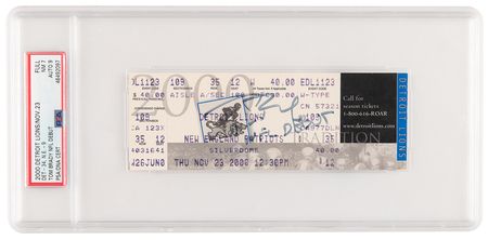 Lot #642 Tom Brady Signed NFL Debut Ticket (Patriots at Lions, 11/23/2000) - PSA FULL NM 7/AUTO 9 - Image 1