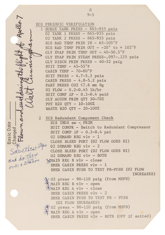 Lot 8130 Apollo 7 Flown Checklist Page Signed by Walt Cunningham - From the Personal Collection of Walt Cunningham