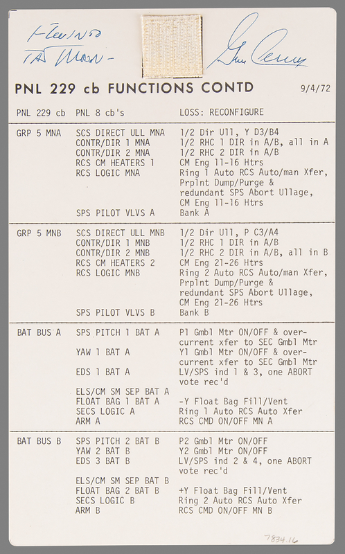 Lot 8700 Apollo 17 Flown Command Module Cue Card Signed and Flight-Certified by CDR Gene Cernan
