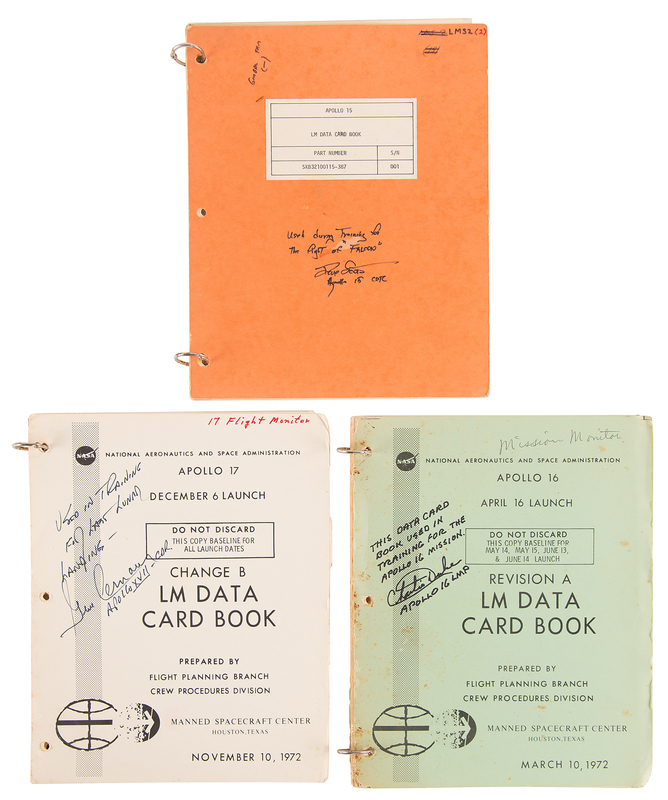 Lot 8449 Apollo 15, 16, and 17 Training-Used ?LM Data Card Book? Manuals - Signed and Certified by Dave Scott, Charlie Duke, and Gene Cernan