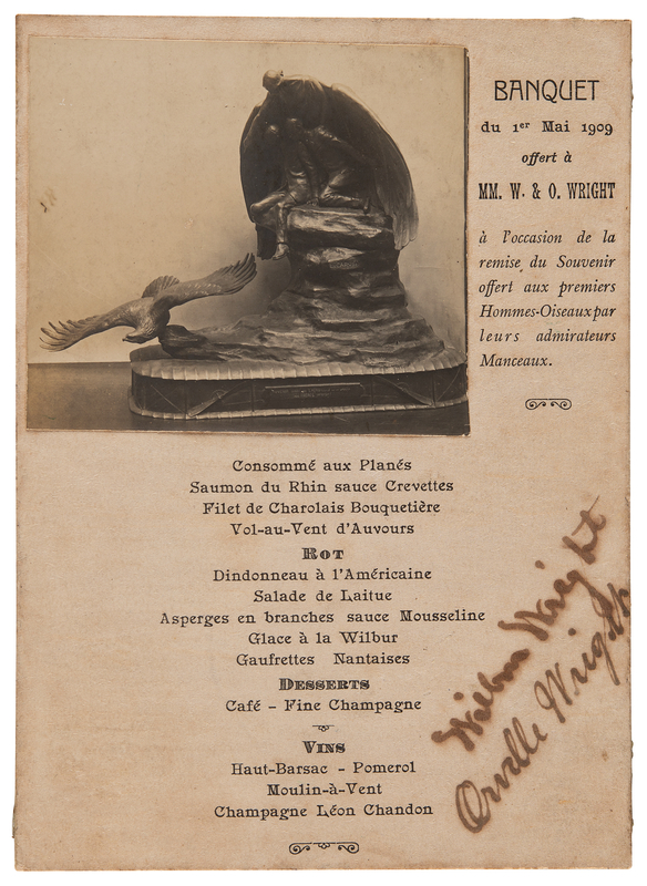 Lot 8004 Wright Brothers Signed Menu Page from an Honorary Banquet Hosted by the Aero Club of Sarthe (May 1, 1909)