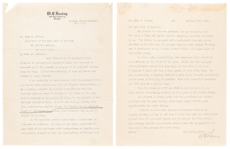 Lot 8007 William E. Boeing Typed Letter Signed, Preceding the Founding of Boeing: 