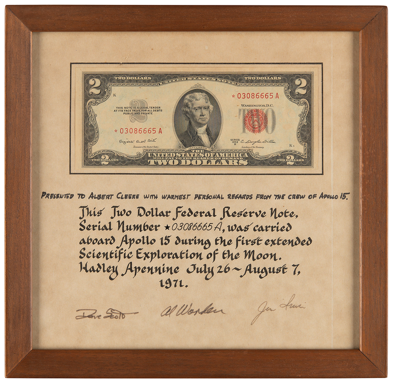 Lot 8346 Apollo 15 Flown $2 Dollar Bill with Crew-Signed Certificate