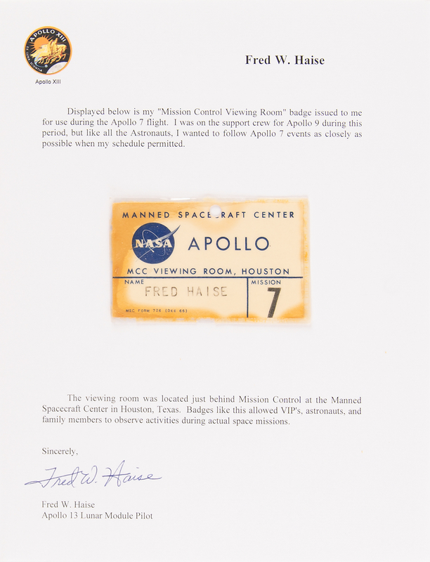 Lot 8290 Fred Haise's Apollo 7 'MCC Viewing Room' Access Badge
