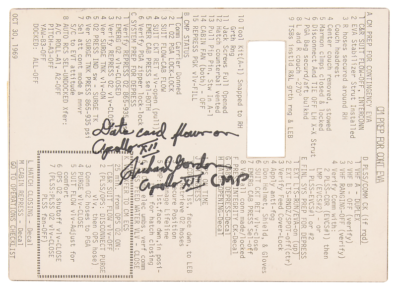 Lot 8244 Apollo 12 Flown Instrument Panel 'Contingency EVA' Data Card - Signed and Flight-Certified by CMP Richard Gordon