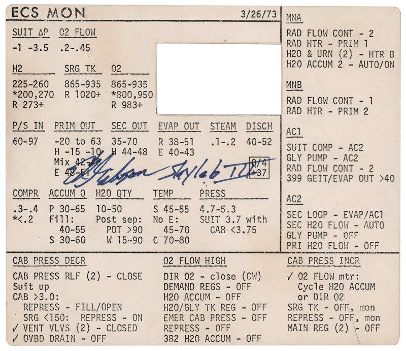 Lot 8524 Ed Gibson’s Skylab 4 Training-Used Cue Card