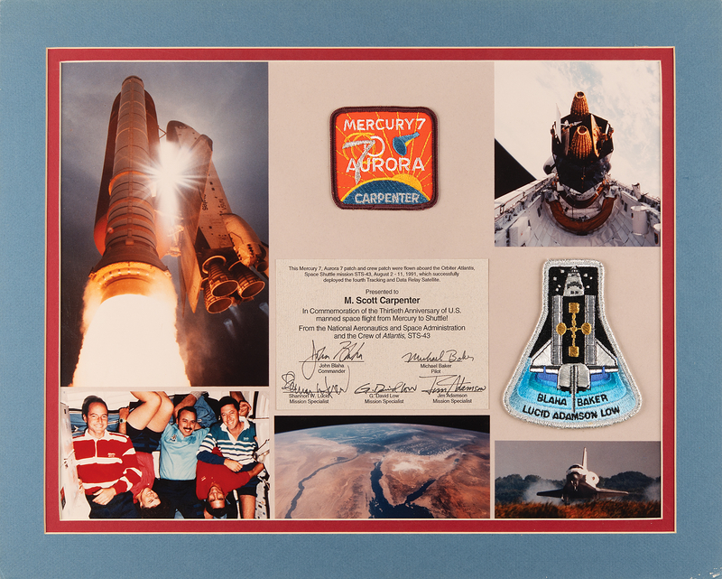 Lot 8566 STS-43 Signed Display with (2) Flown Patches - Presented to Mercury Astronaut Scott Carpenter