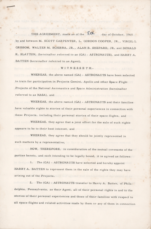 Lot 8030 Mercury Astronauts (6) Document Signed - Grissom and Company Hire a New Agent and Financial Advisor in October 1965