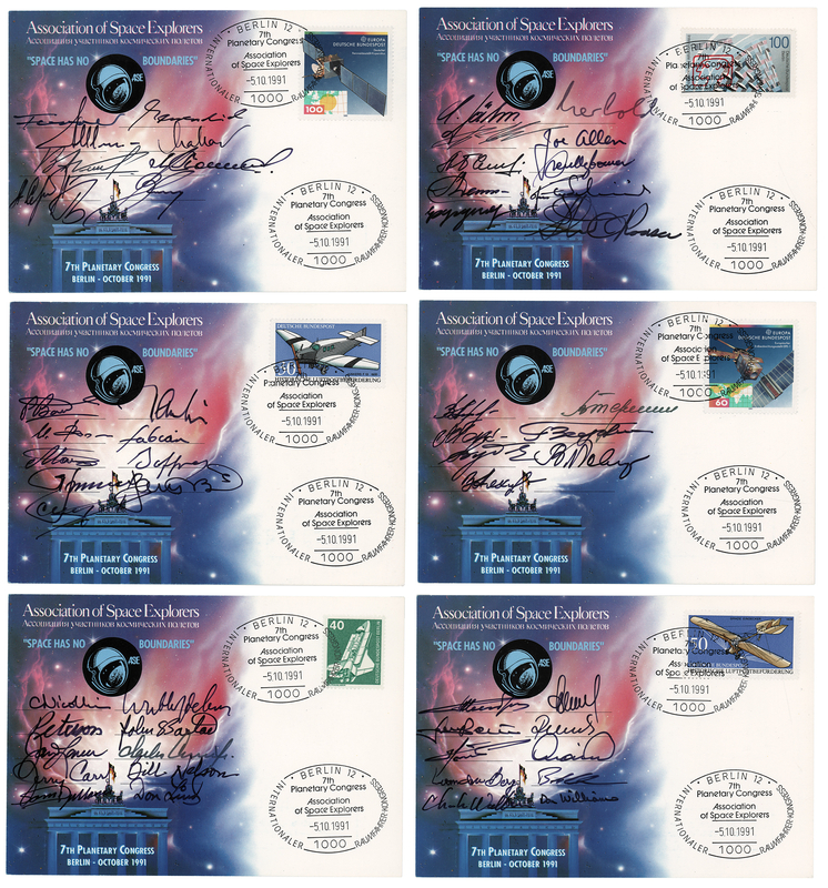 Lot 8441 Astronauts and Cosmonauts Signed 1991 Space Explorer Congress Cards - (55) Signatures with Lovell, Conrad, Leonov, and Tereshkova