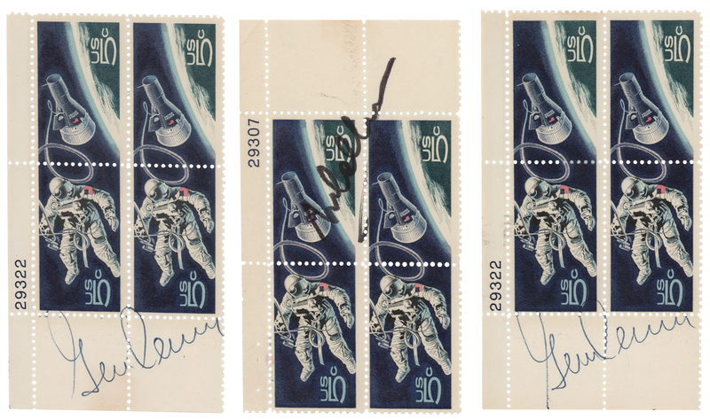 Lot 8087 Michael Collins and Gene Cernan Signed Stamp Blocks (3)