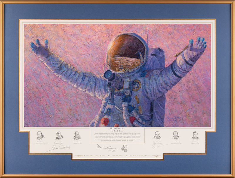 Lot 8443 Moonwalkers: Alan Bean, Gene Cernan, and Edgar Mitchell Signed Print - 'Hello Universe' (Ltd. Ed. #30/550)