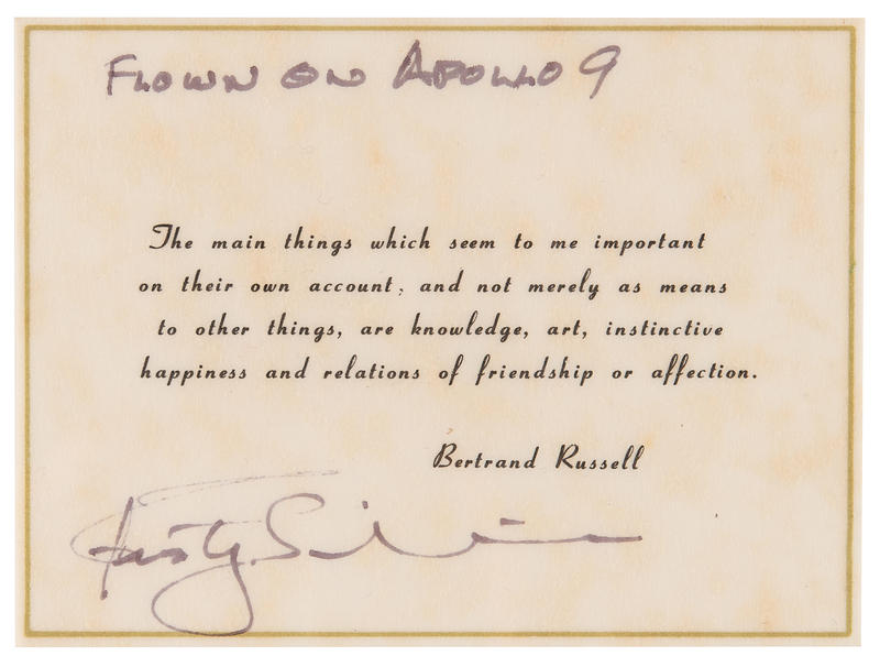 Lot 8157 Apollo 9 Flown Printed Quote Signed and Flight-Certified by Rusty Schweickart