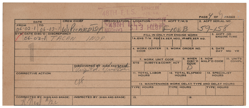 Lot 8050 Gus Grissom Document Signed - F-106B Maintenance Report